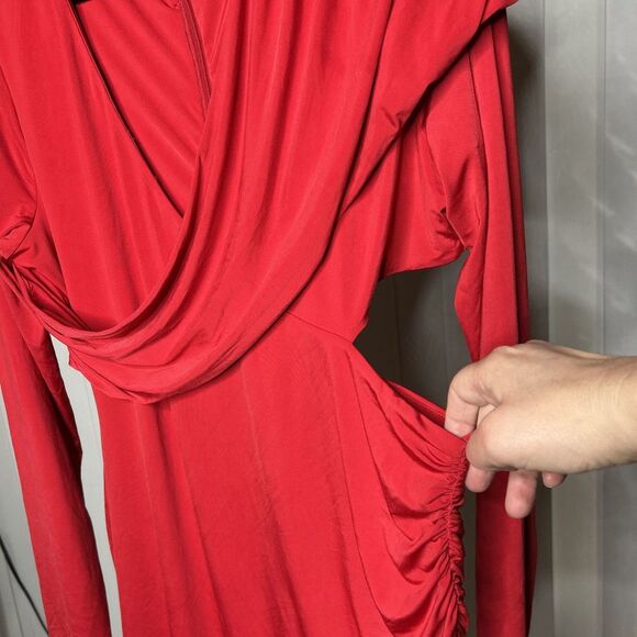 H:ours Dress Mini Red Color Draped Waist Cutout Ruched Long Sleeves Ariya Sz XL - Picture 6 of 11